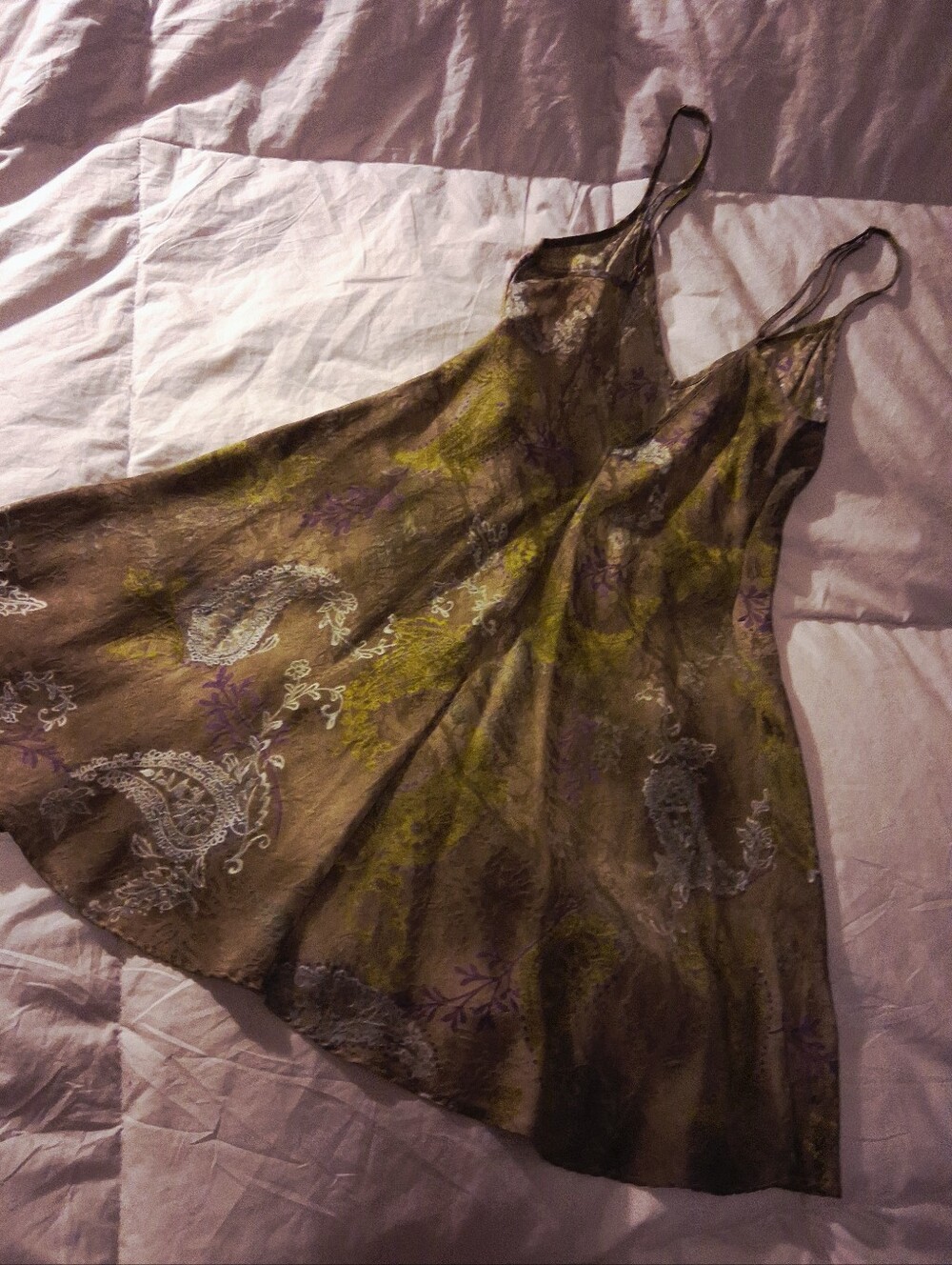 VS vintage 100% Silk Paisley Satin Slip Dress with Olive & Purple Accents